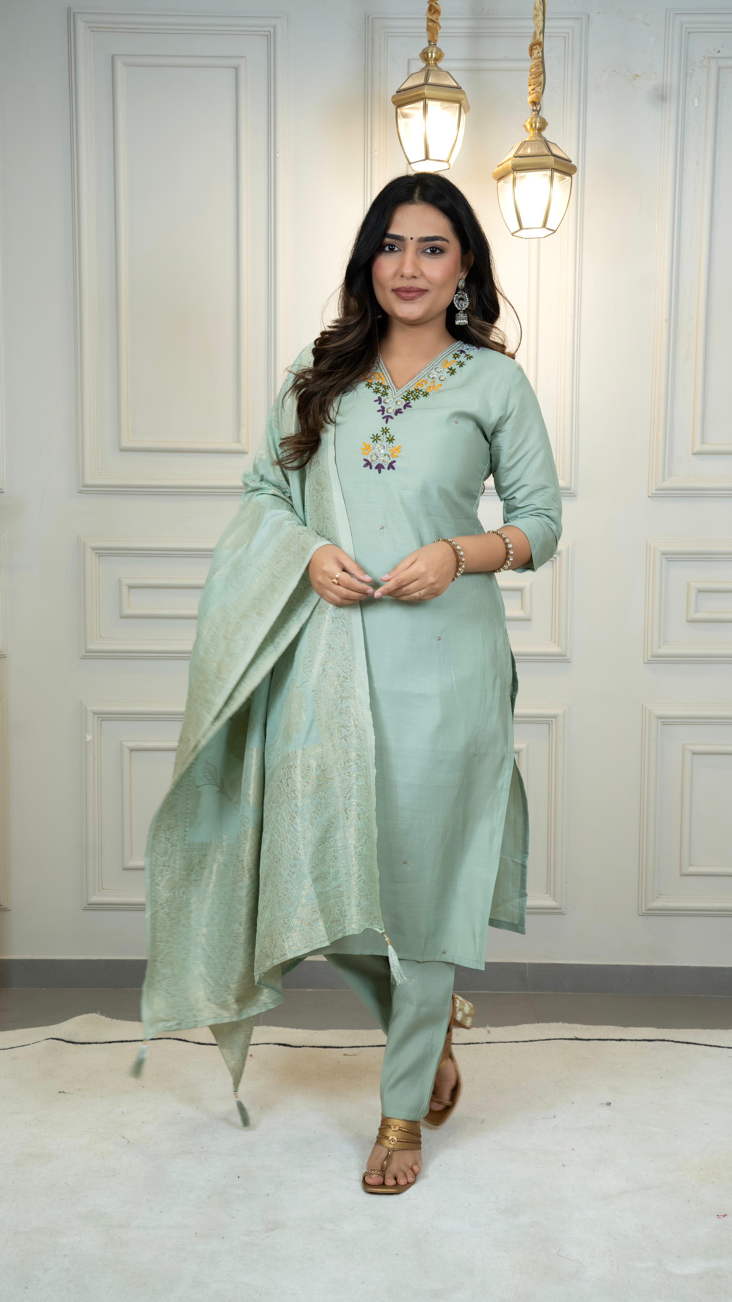 Women’s Embroidered Straight Kurta Set with Jacquard Dupatta