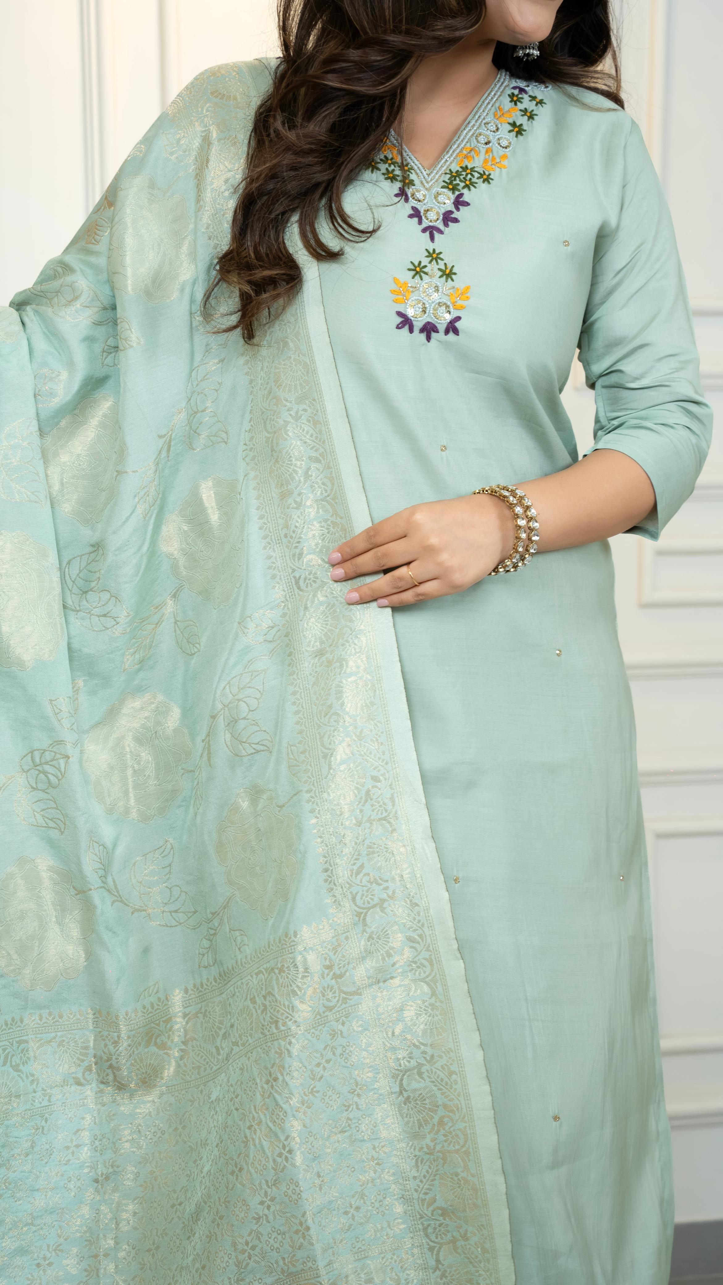 Women’s Embroidered Straight Kurta Set with Jacquard Dupatta