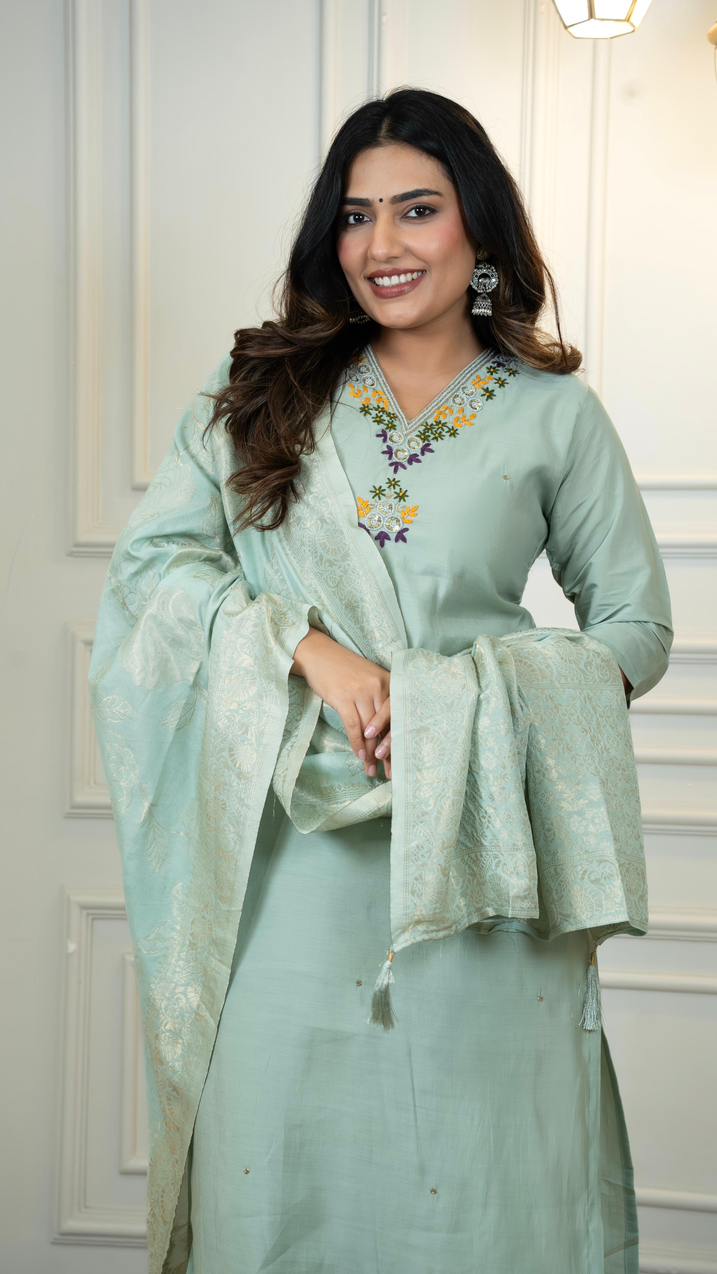 Women’s Embroidered Straight Kurta Set with Jacquard Dupatta