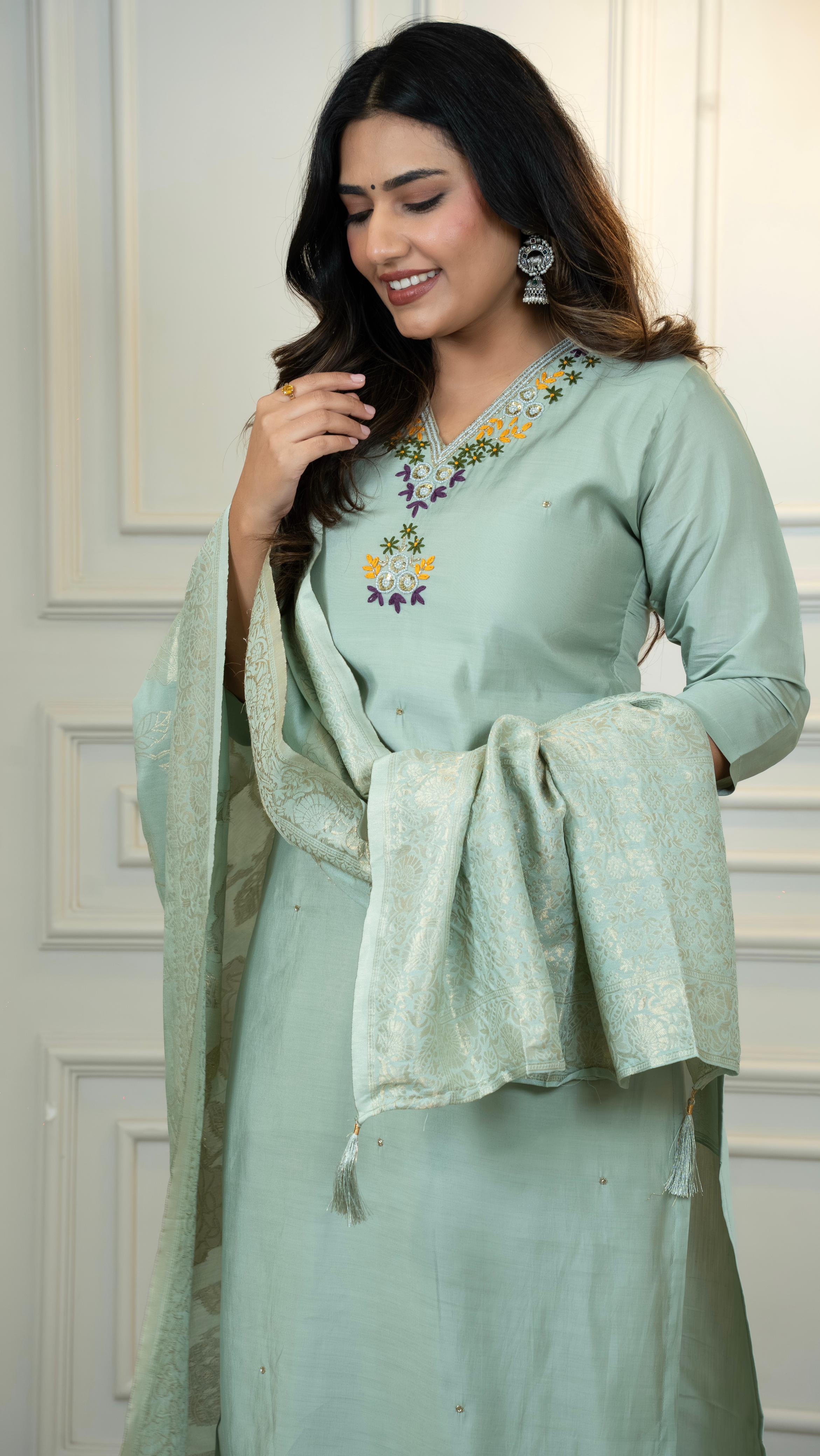 Women’s Embroidered Straight Kurta Set with Jacquard Dupatta