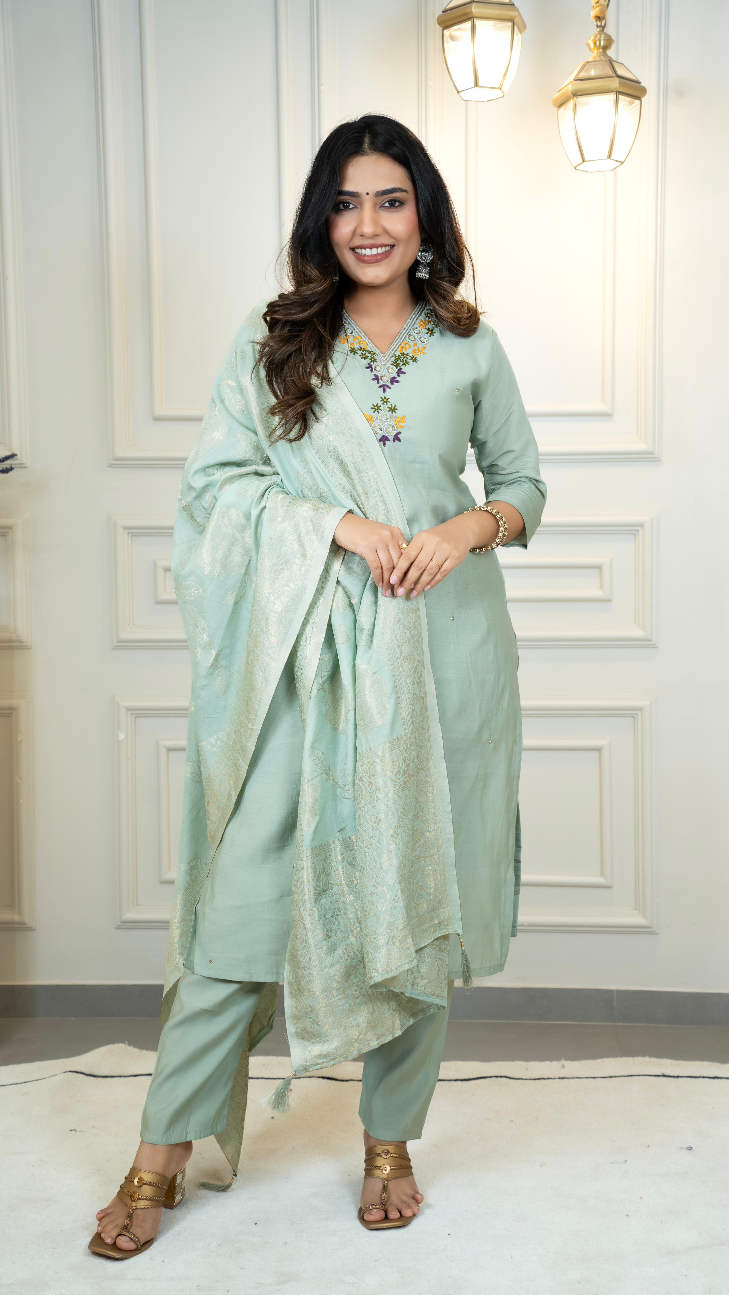 Women’s Embroidered Straight Kurta Set with Jacquard Dupatta