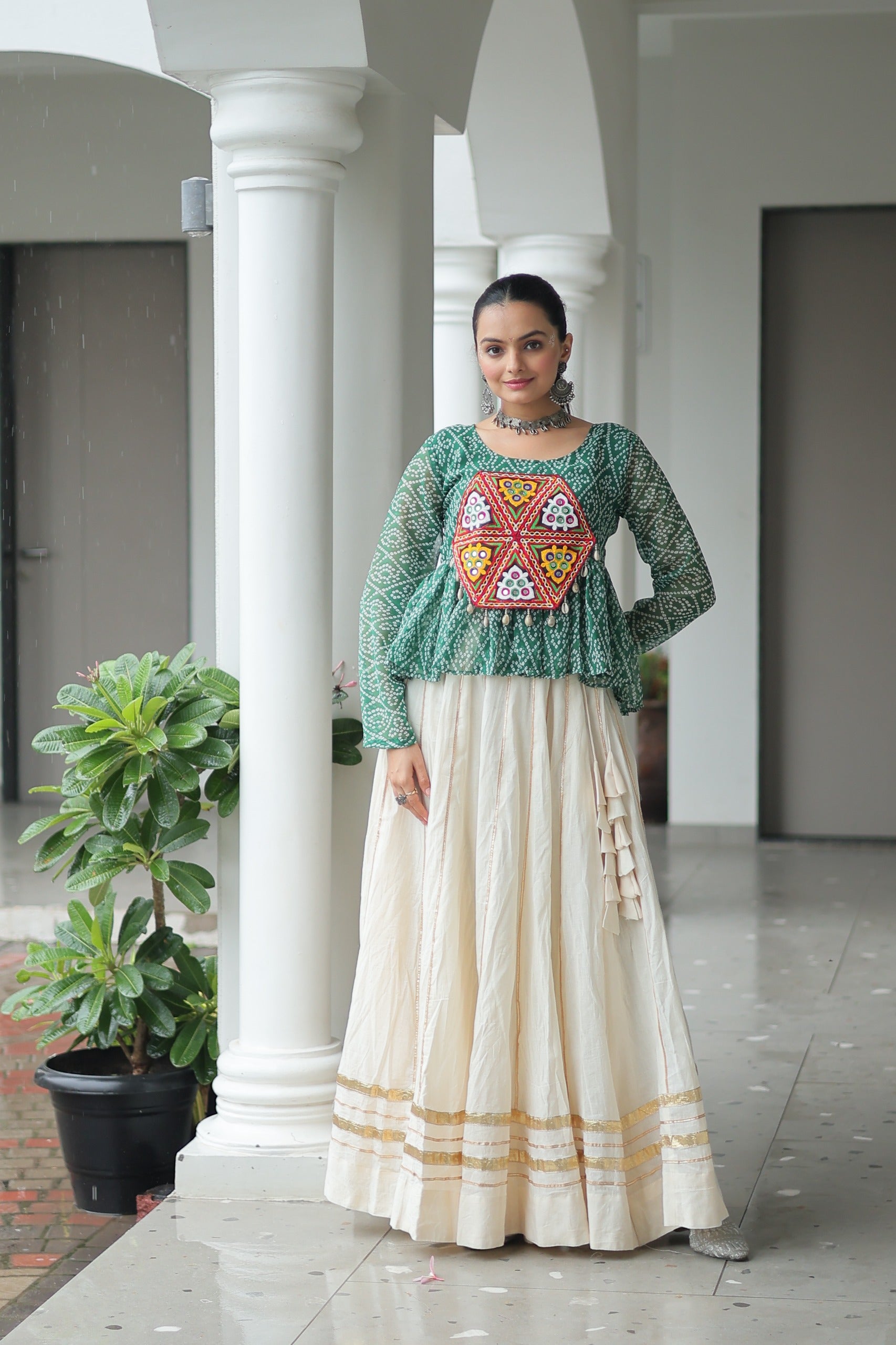 Bandhani Printed White Cotton Navratri Lehenga With Top