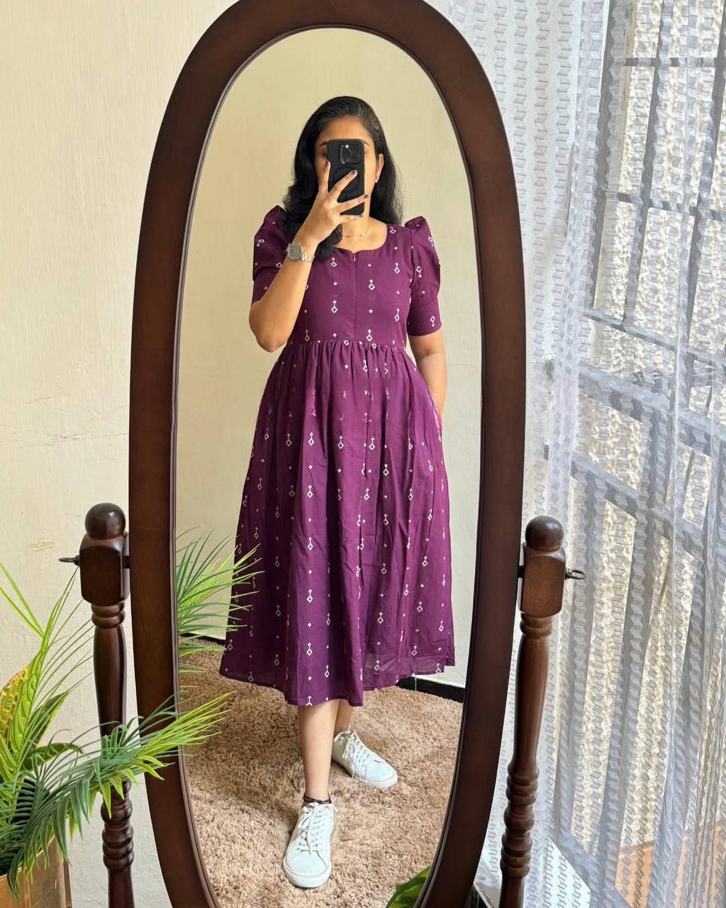 Wine Purple Geometric Hand blocked Print Cotton Midi Dress