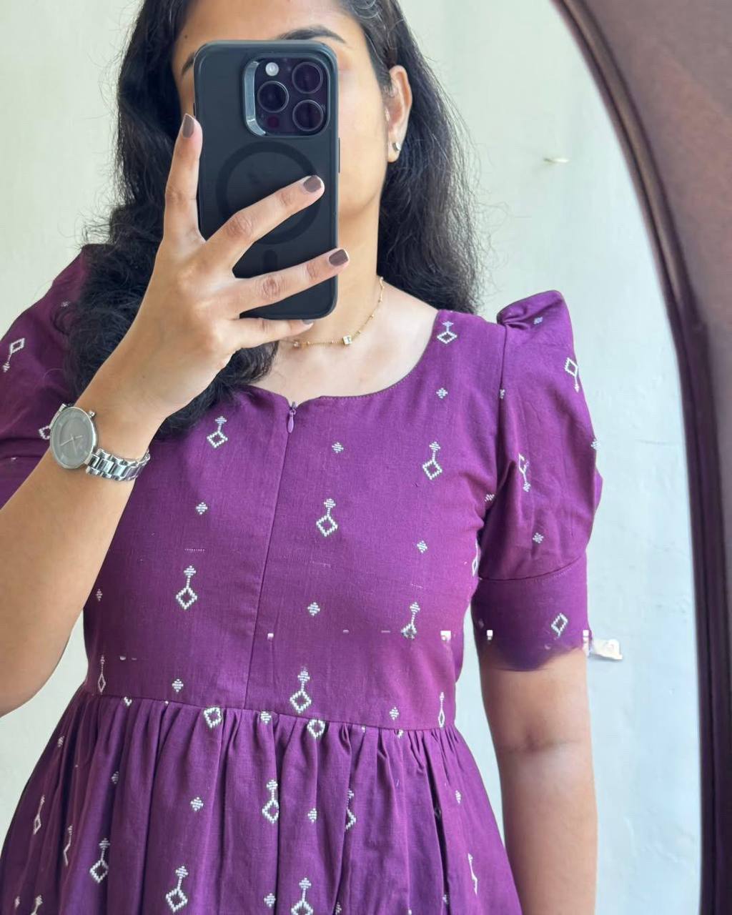 Wine Purple Geometric Hand blocked Print Cotton Midi Dress