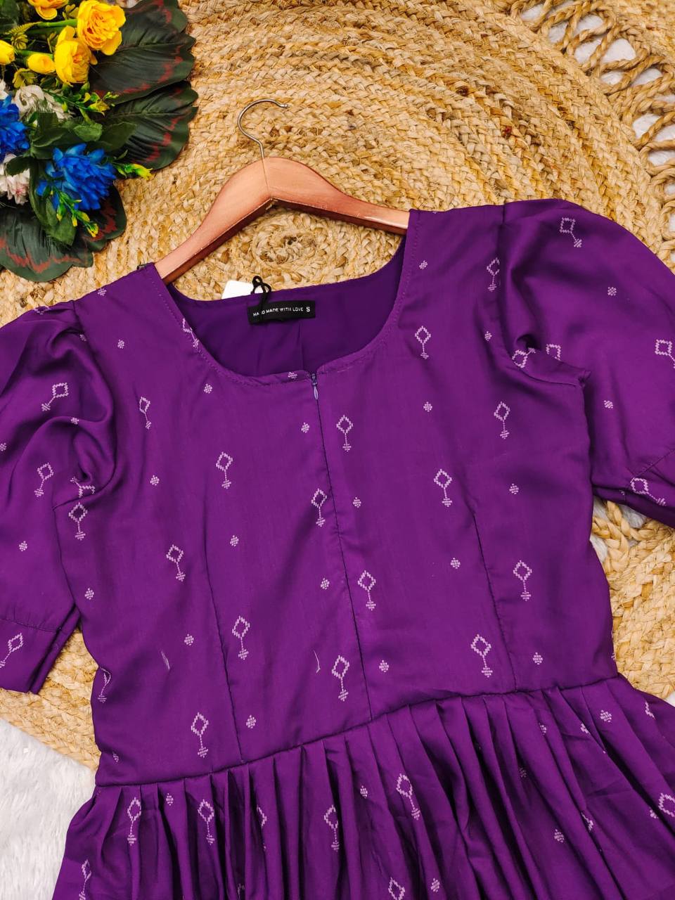 Wine Purple Geometric Hand blocked Print Cotton Midi Dress