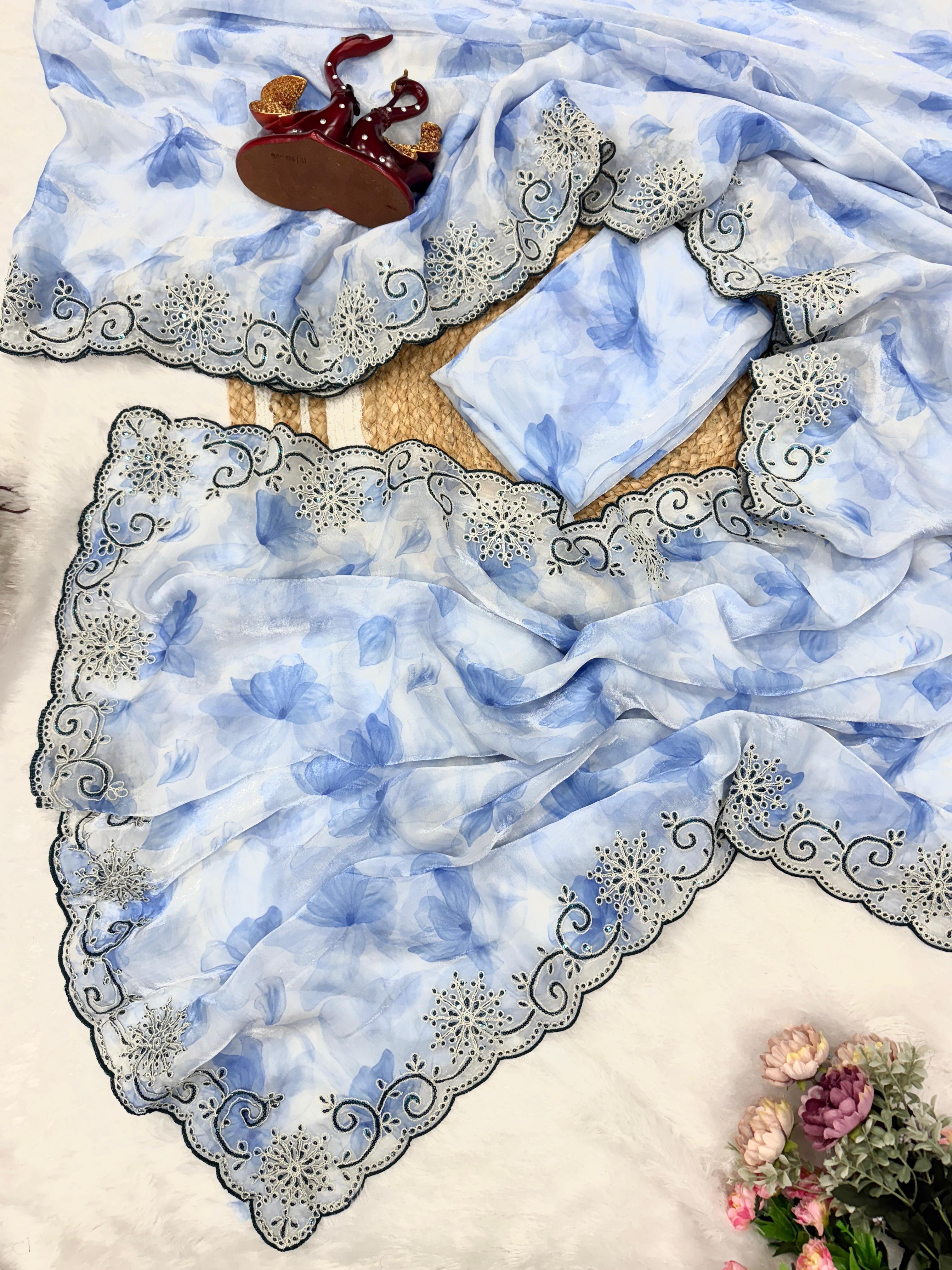 Sky Blue Floral Sequin Embellished Organza Saree