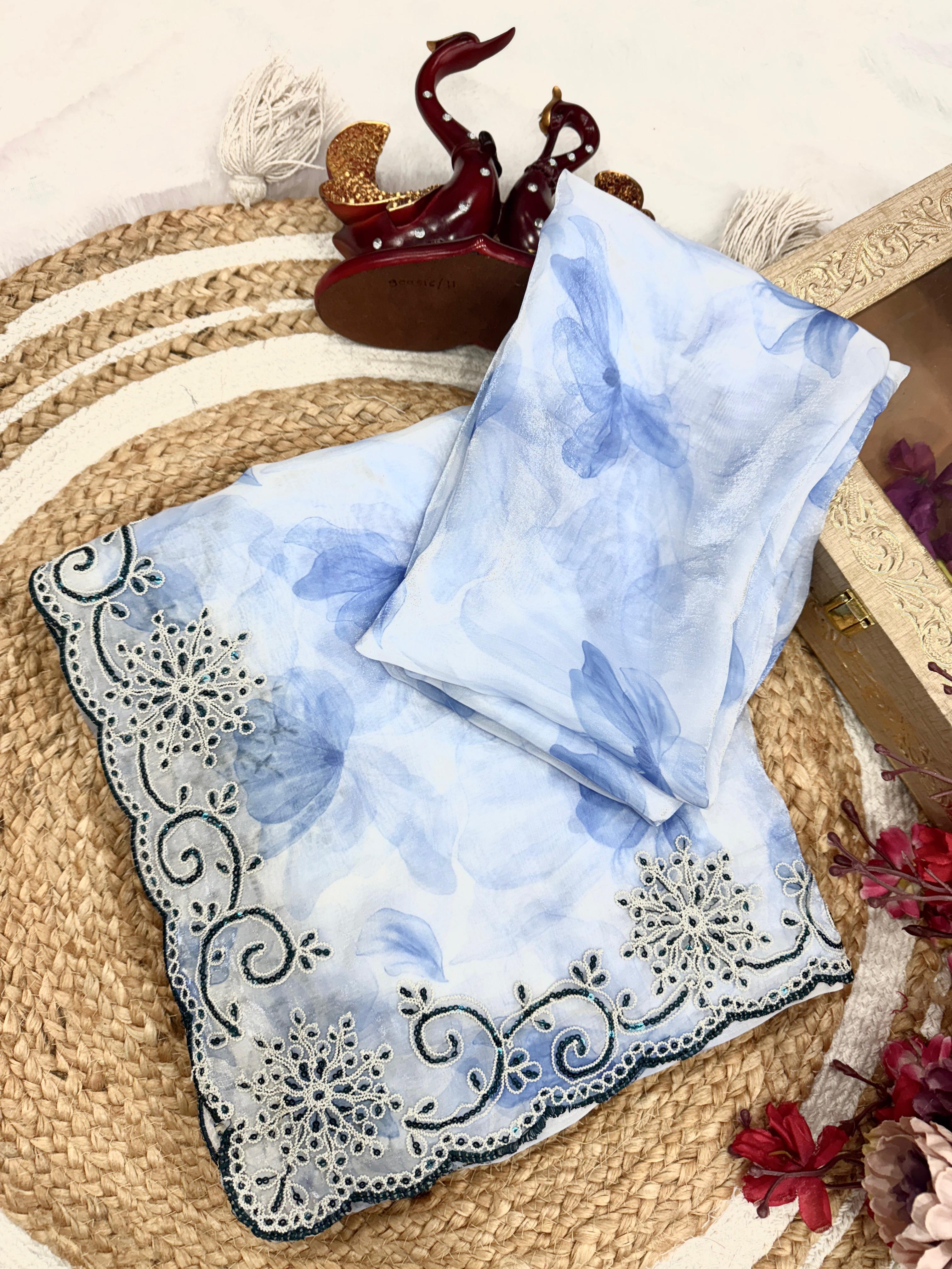 Sky Blue Floral Sequin Embellished Organza Saree