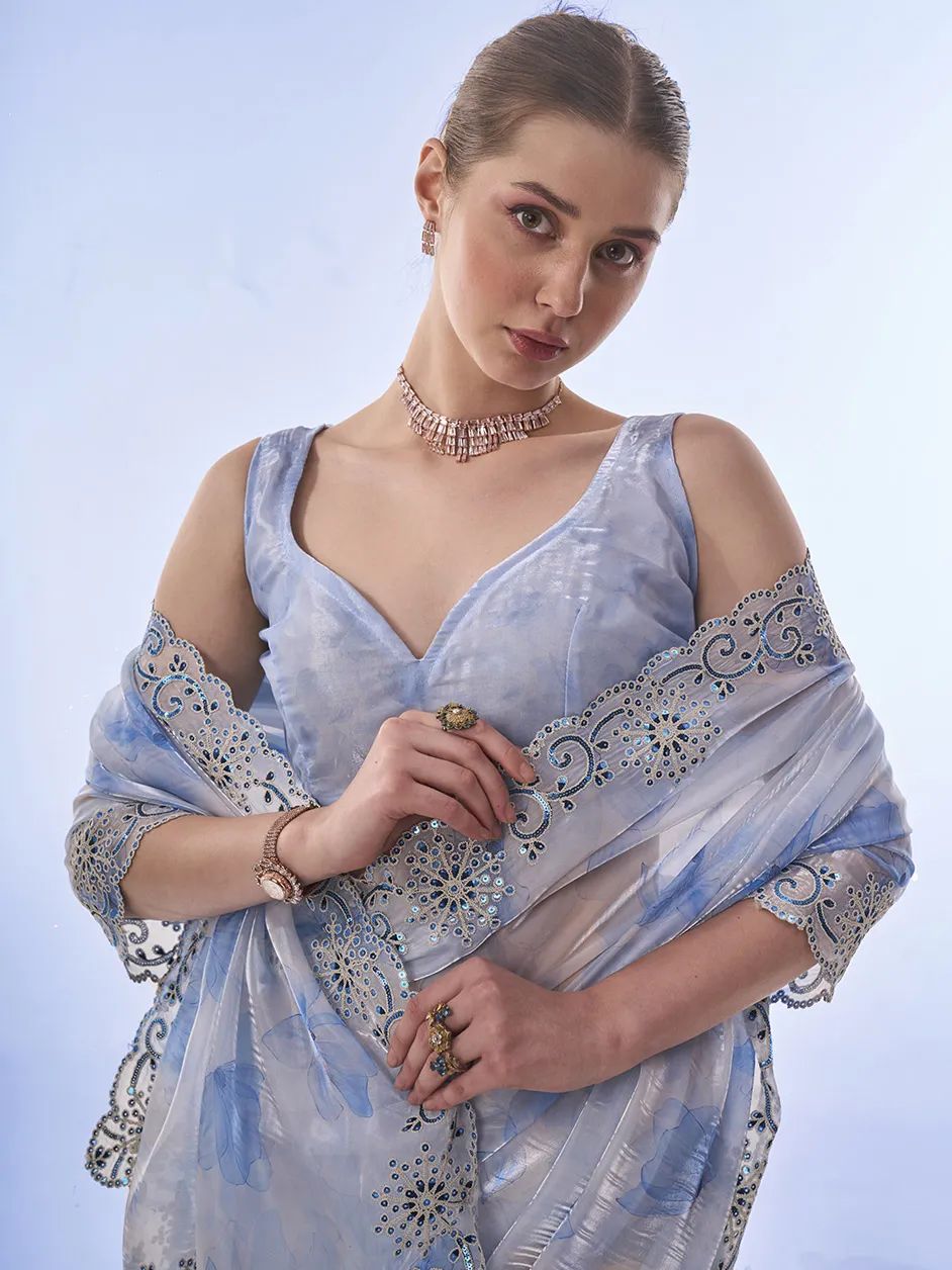 Sky Blue Floral Sequin Embellished Organza Saree