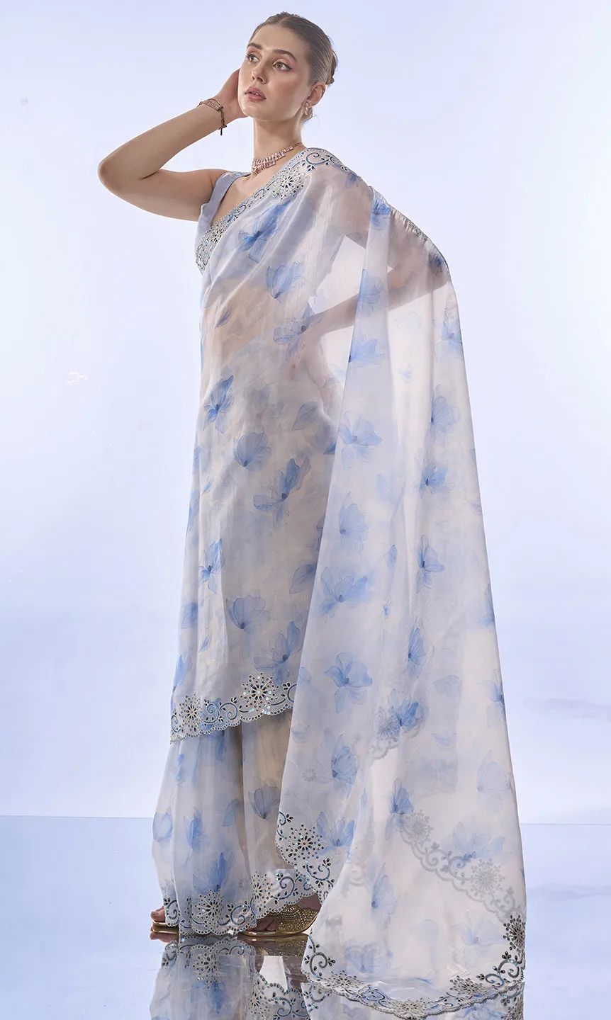 Sky Blue Floral Sequin Embellished Organza Saree