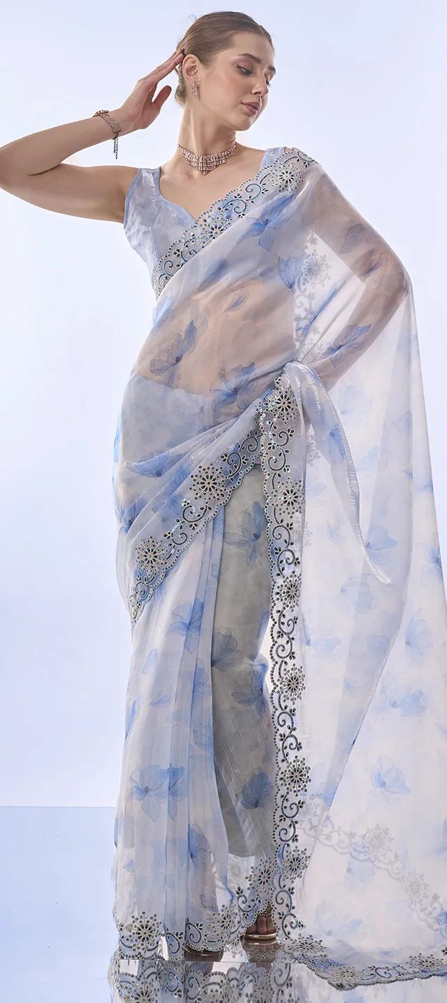Sky Blue Floral Sequin Embellished Organza Saree