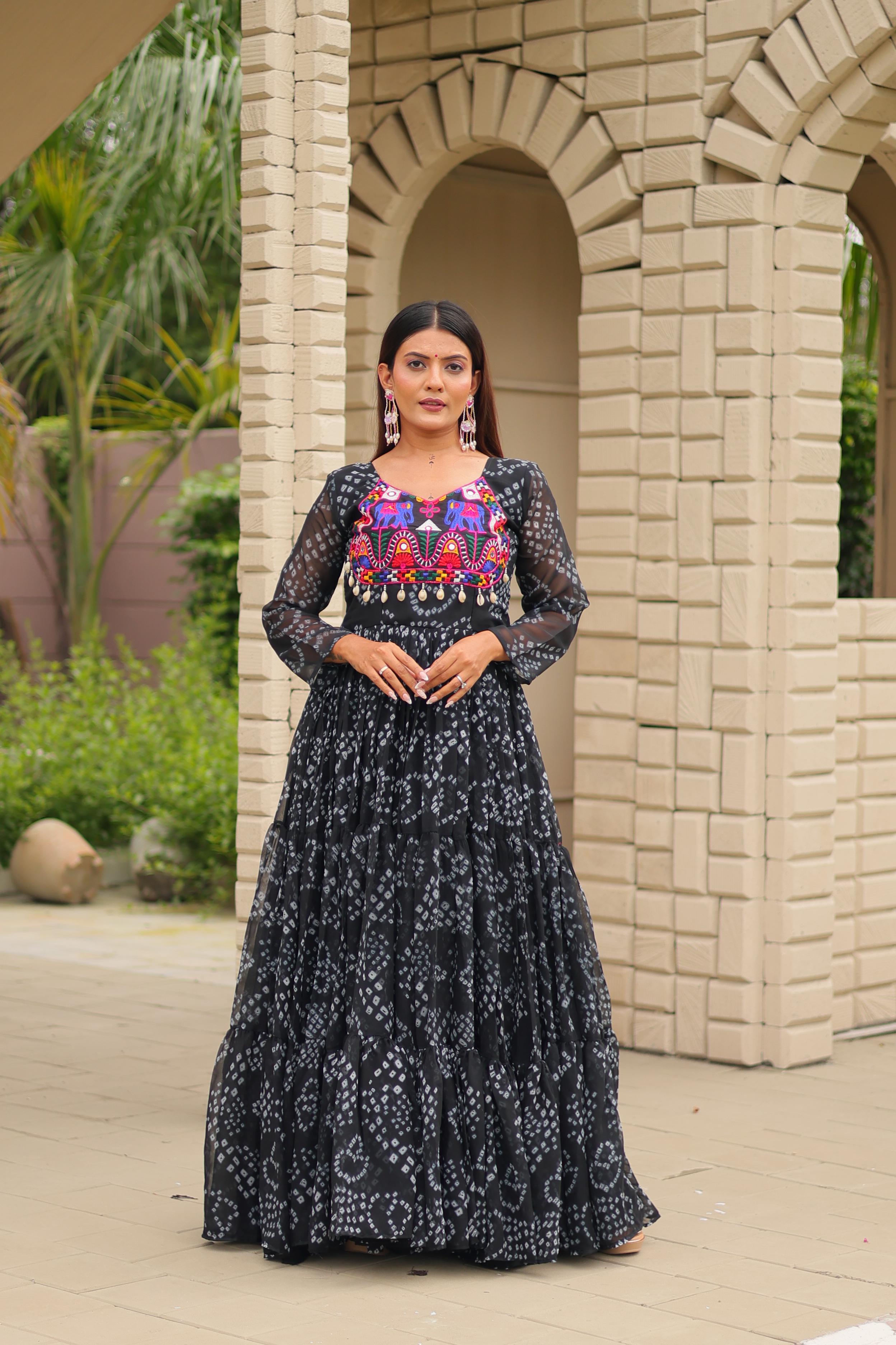 Women Black Georgette Bandhani Print Gown