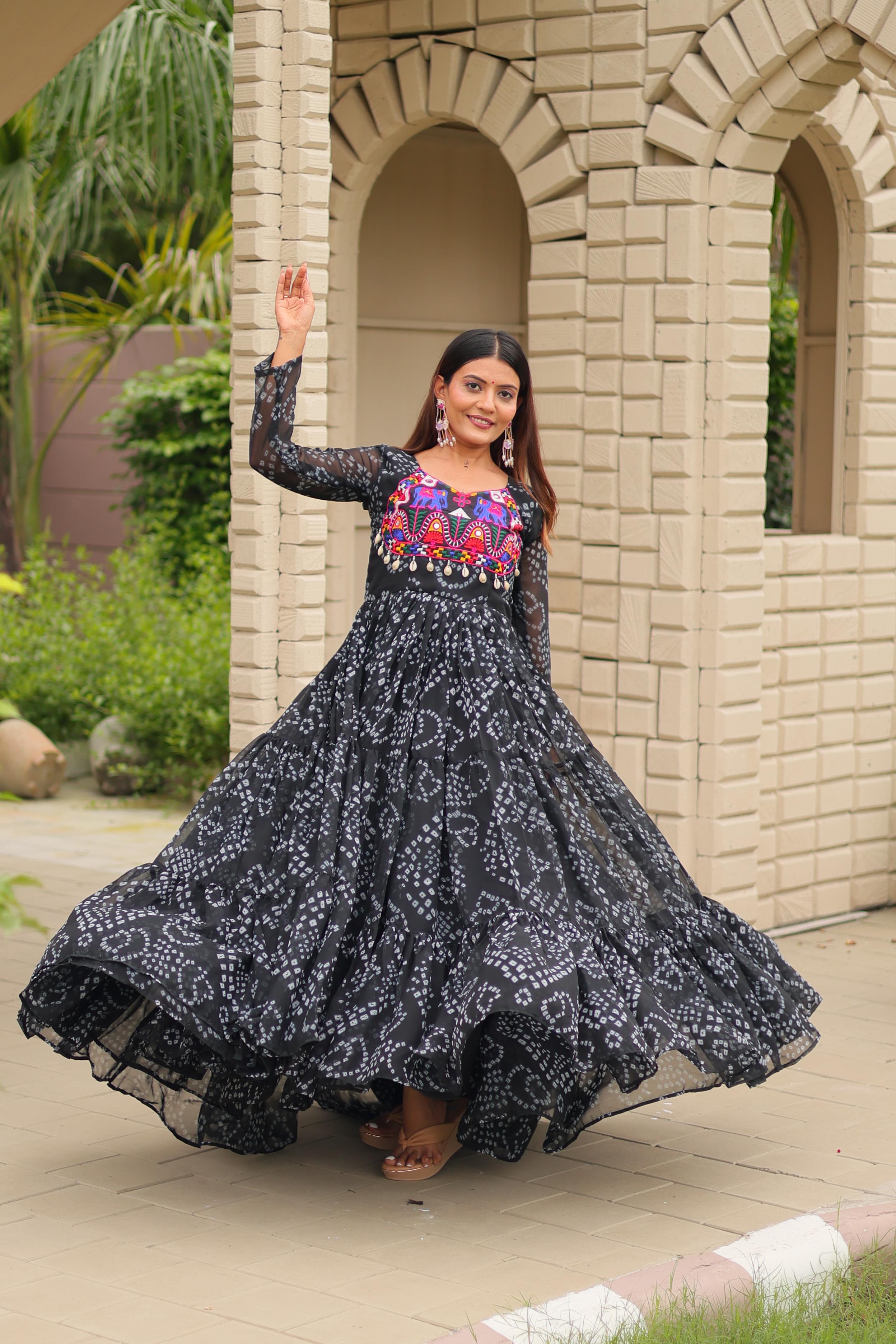 Women Black Georgette Bandhani Print Gown