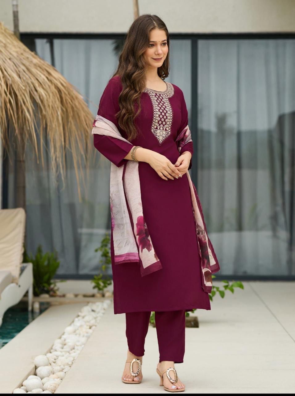 Women's Rayon Embroidered Kurta Set with Pant & Dupatta