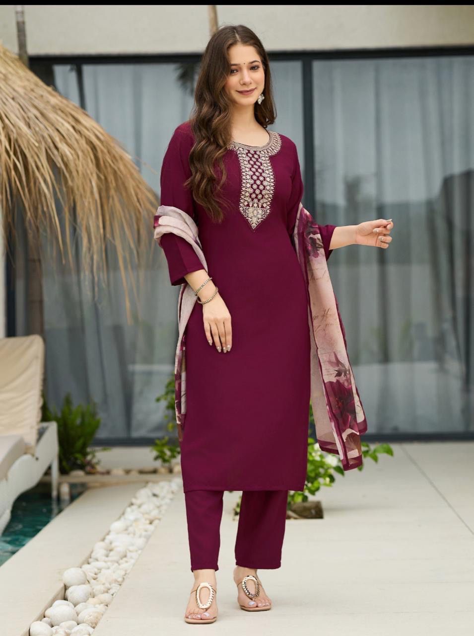 Women's Rayon Embroidered Kurta Set with Pant & Dupatta
