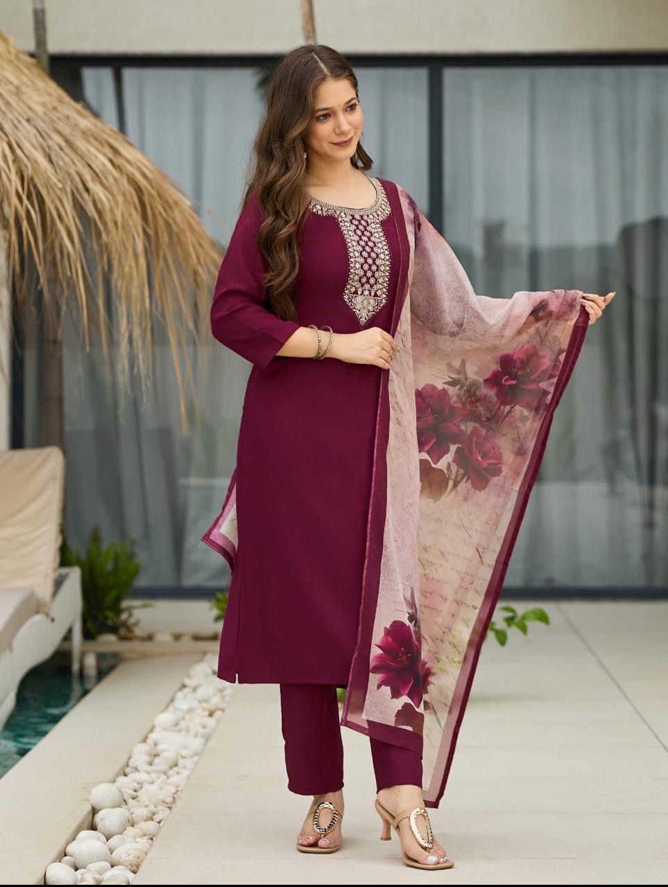 Women's Rayon Embroidered Kurta Set with Pant & Dupatta