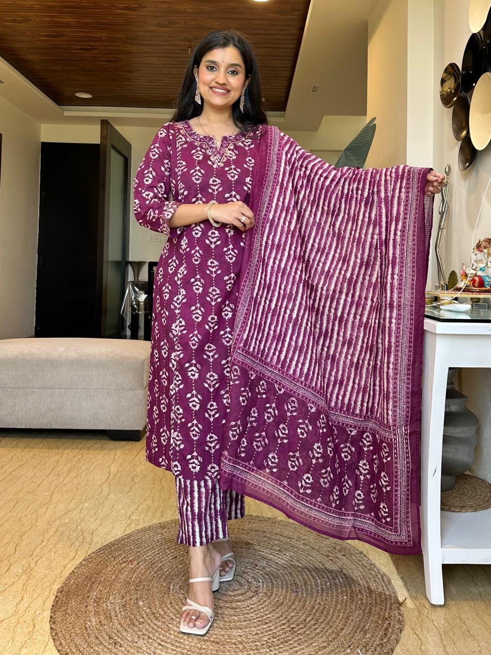 Women's Cotton Blend beautiful Design Straight Kurta Pant with Dupatta Set