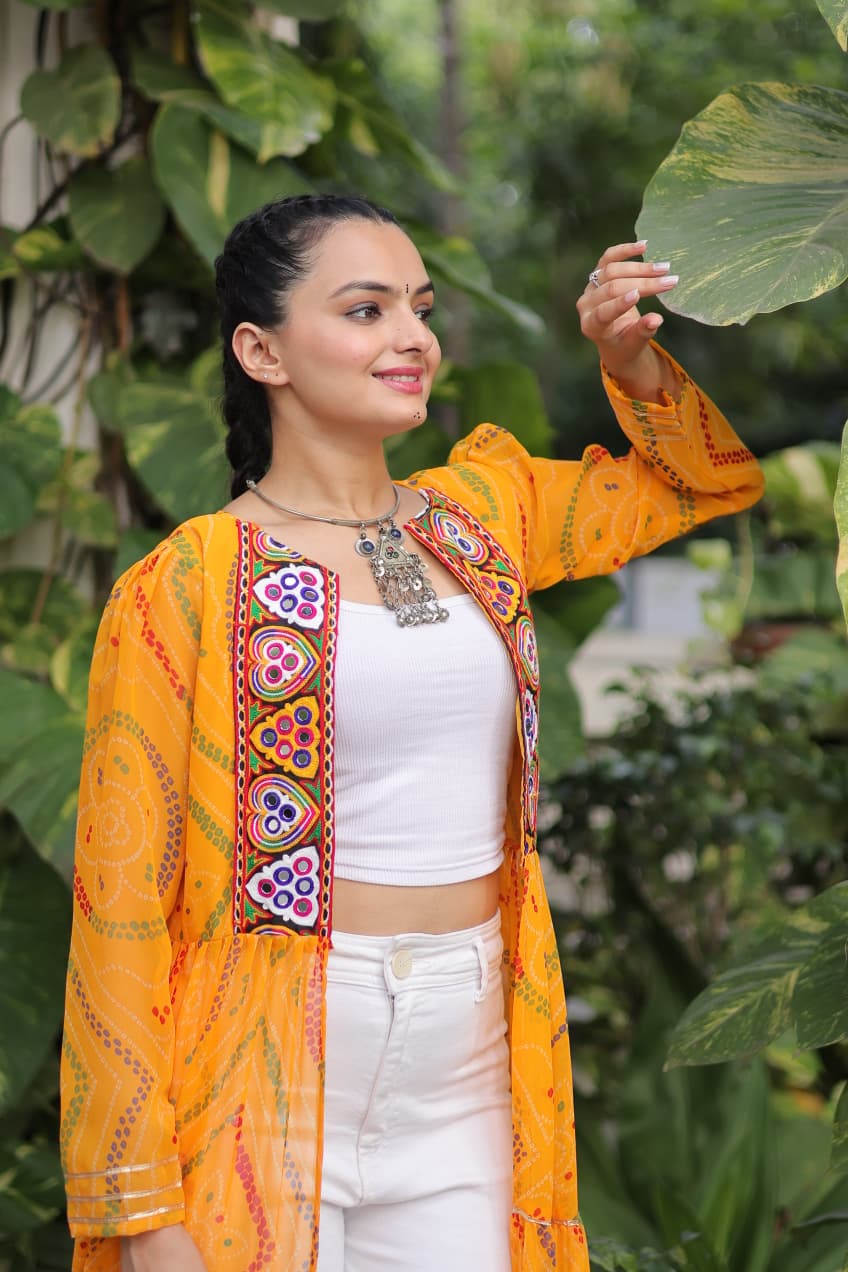 Yellow Shrug for Navratri in Georgette With Bandhani and Kutchi Gamthi Work