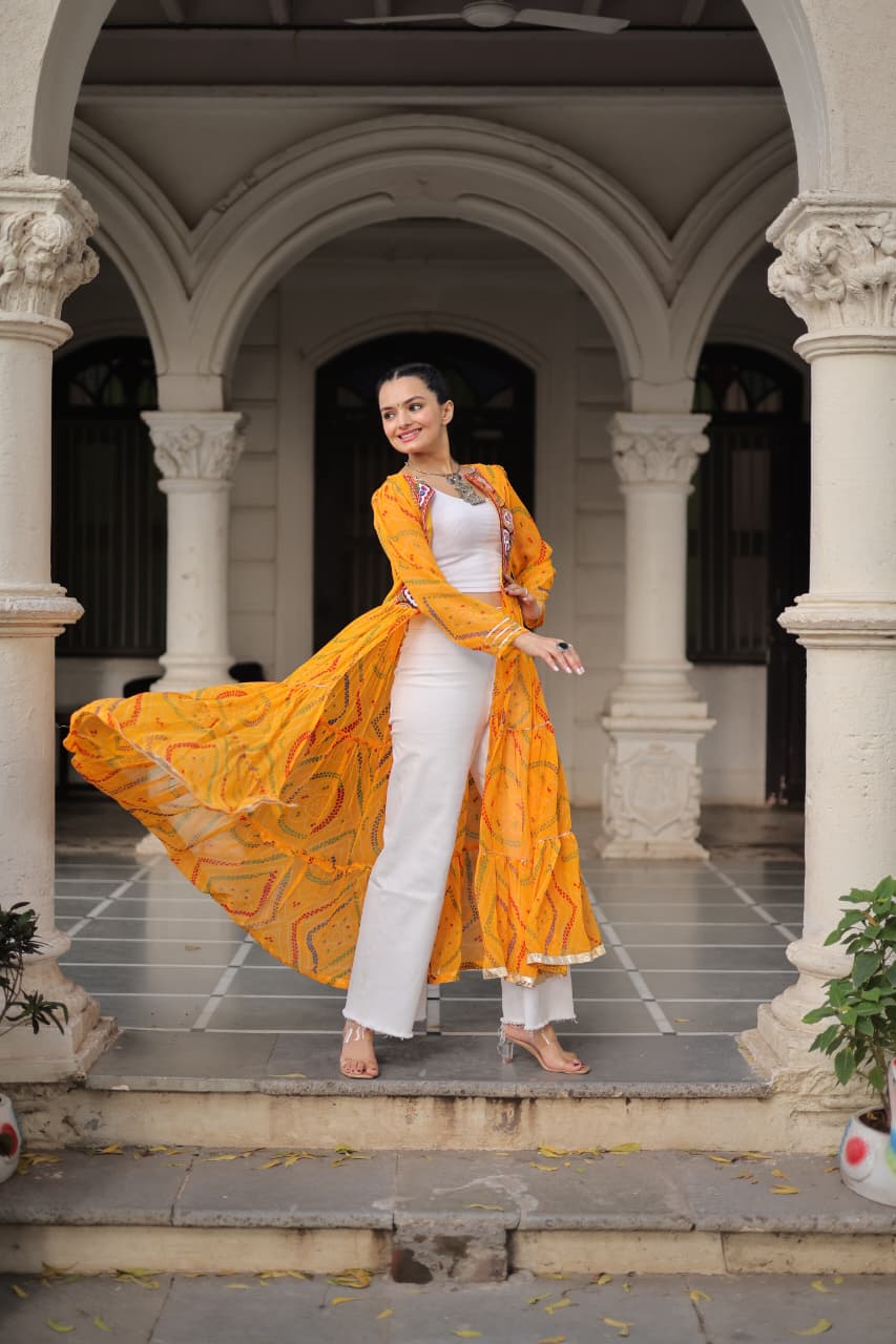 Yellow Shrug for Navratri in Georgette With Bandhani and Kutchi Gamthi Work