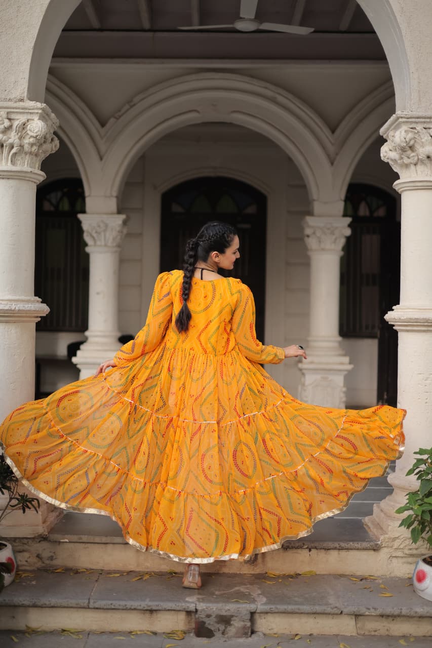 Yellow Shrug for Navratri in Georgette With Bandhani and Kutchi Gamthi Work