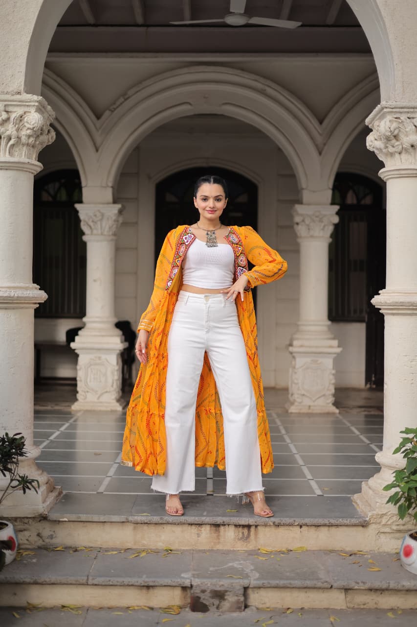 Yellow Shrug for Navratri in Georgette With Bandhani and Kutchi Gamthi Work