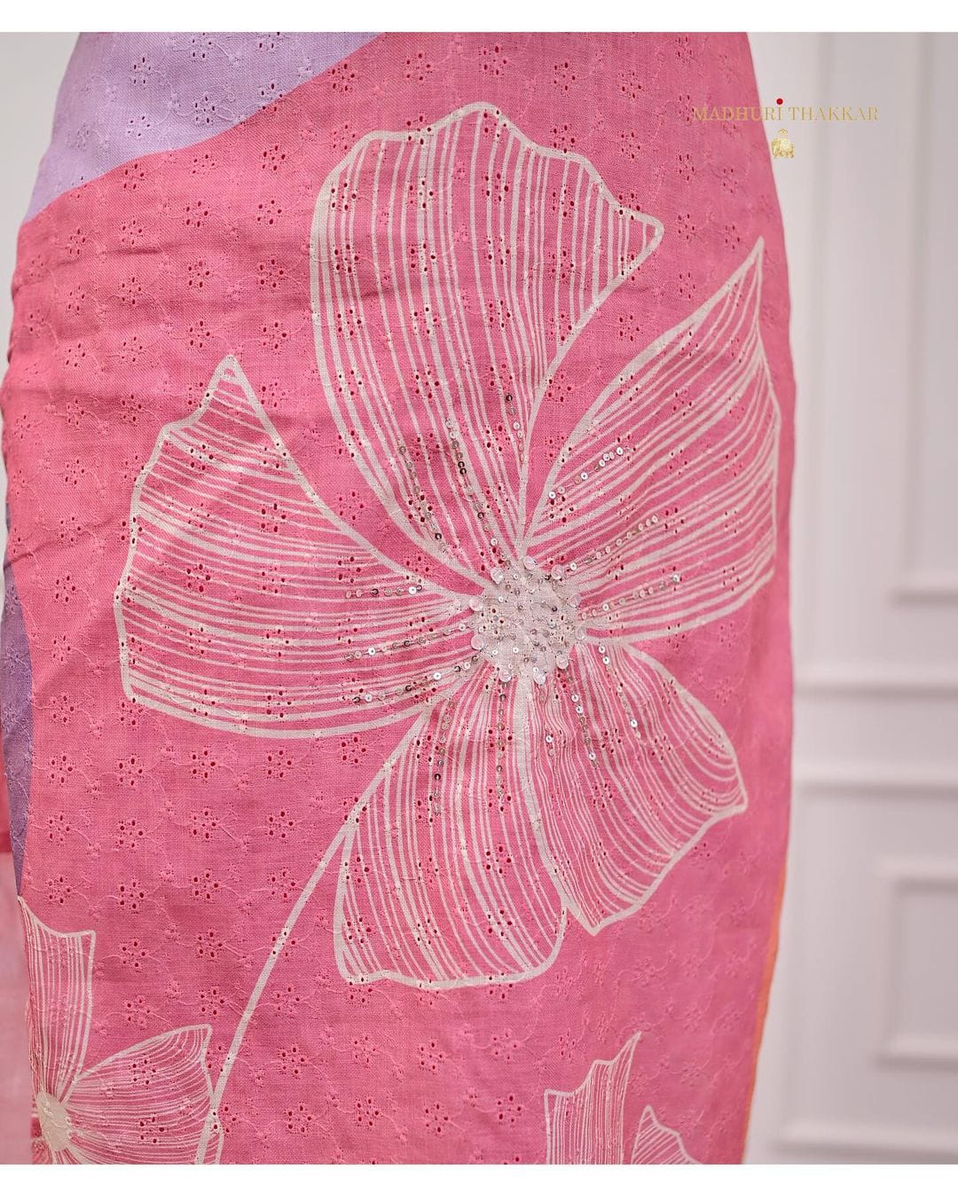 Rose Pink Schiffli Handwork Linen Suit