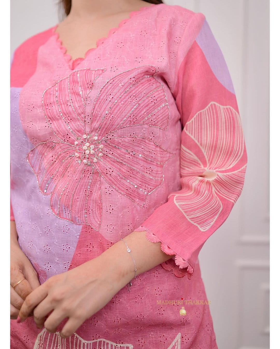 Rose Pink Schiffli Handwork Linen Suit