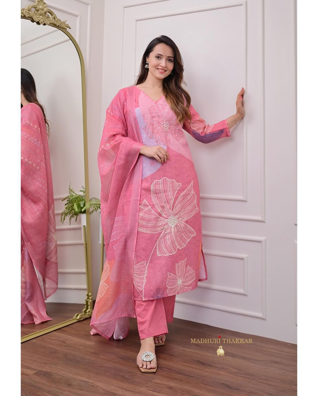 Rose Pink Schiffli Handwork Linen Suit