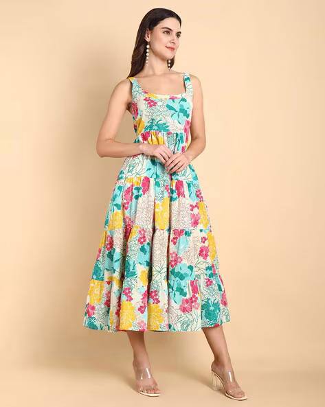 Trendy Floral Printed Cotton Maxi Dress for Women