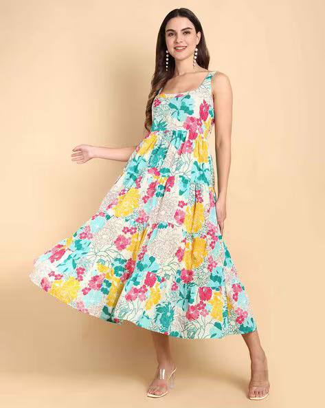 Trendy Floral Printed Cotton Maxi Dress for Women