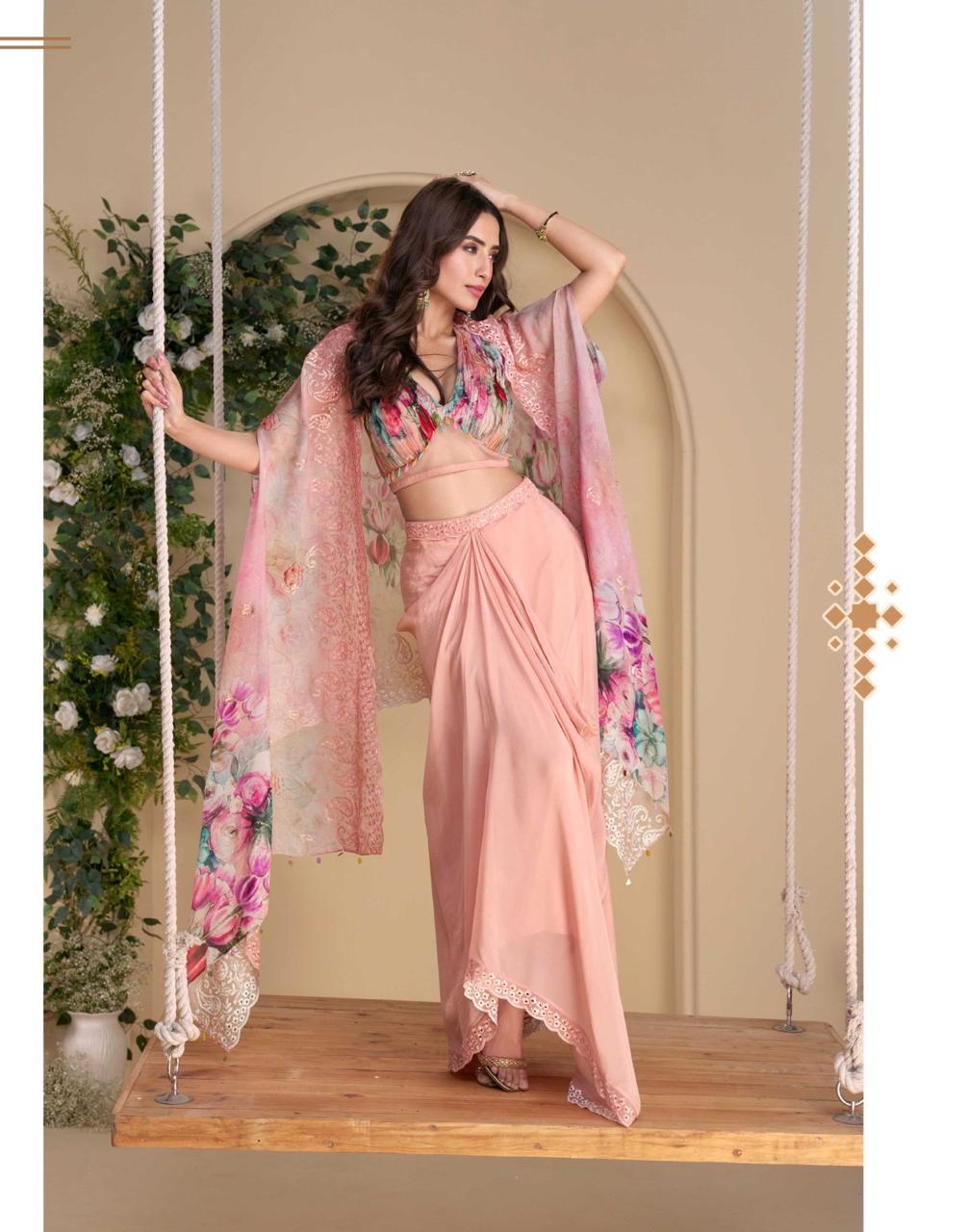 Pink Chinon Silk Digital Print Embroidered Sequins Indowestern