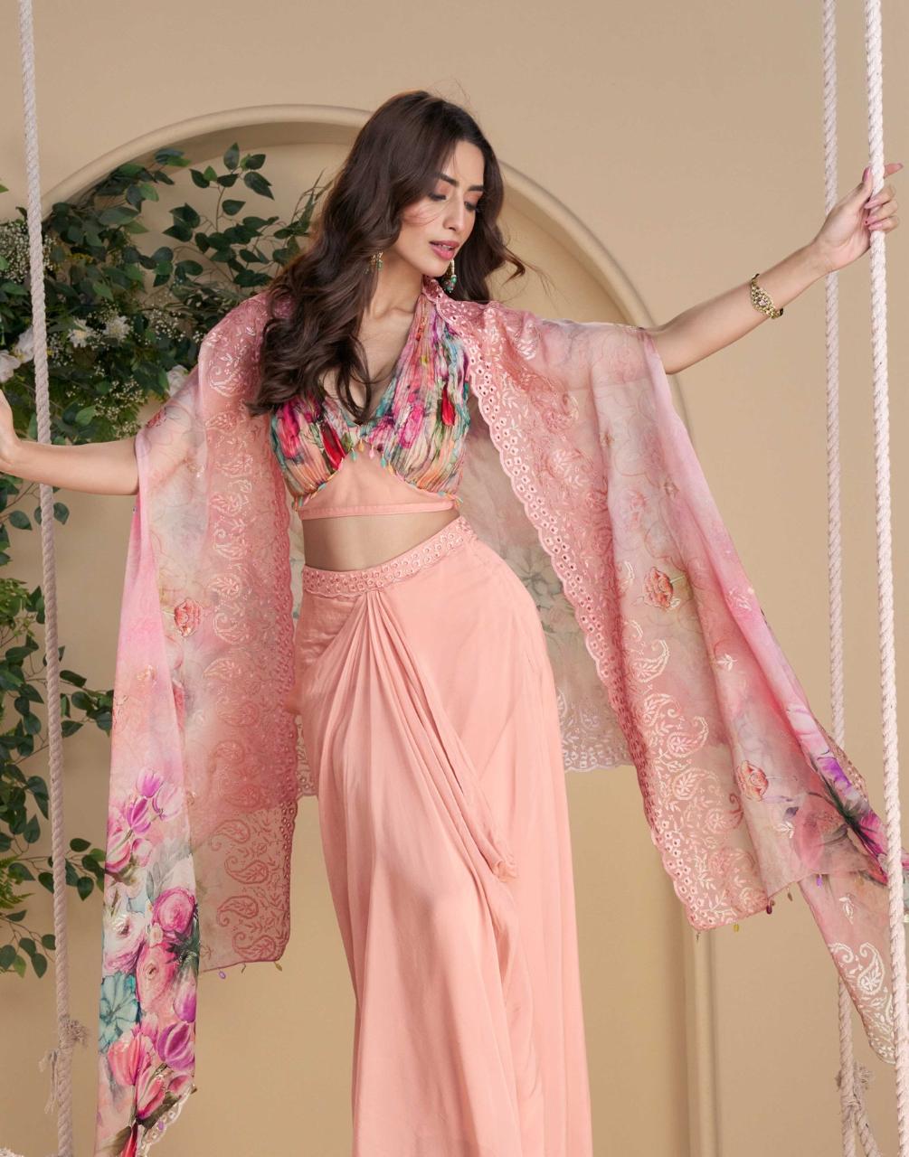Pink Chinon Silk Digital Print Embroidered Sequins Indowestern