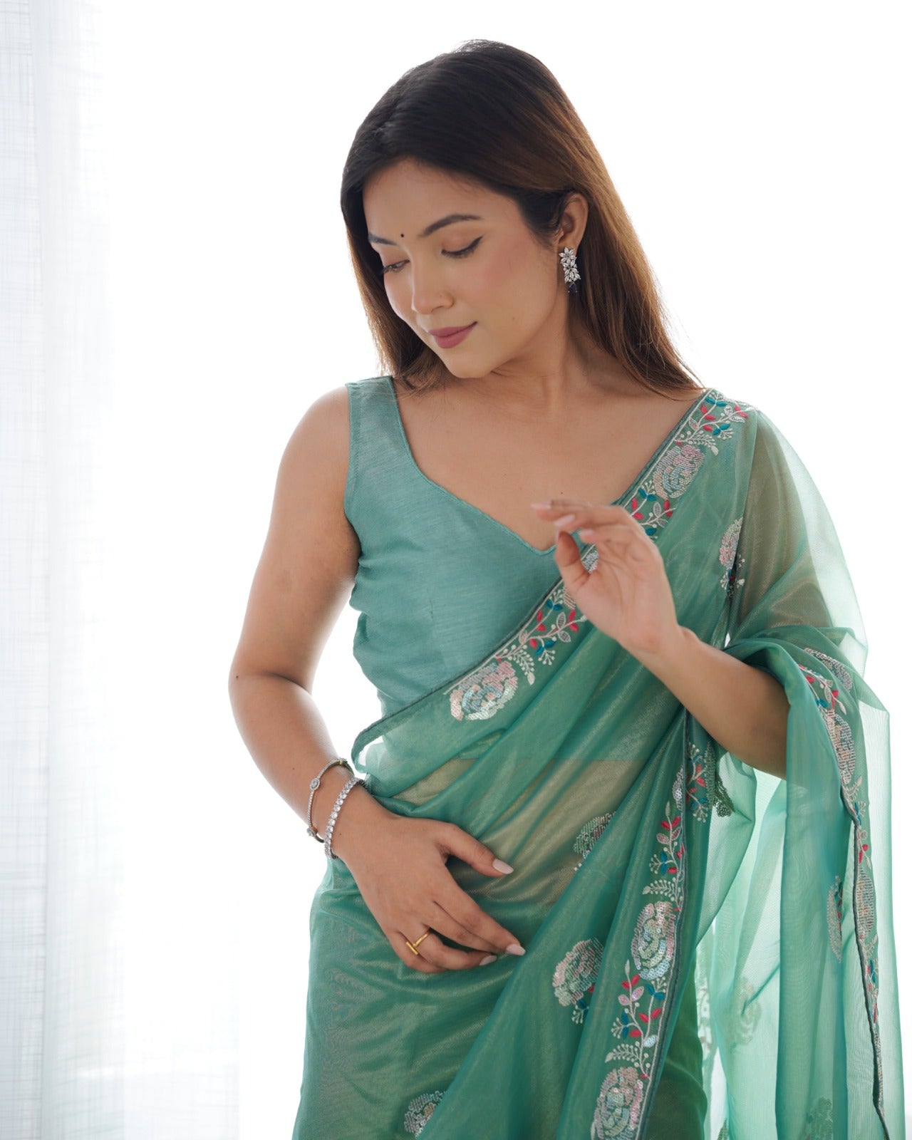 Women's Net Sequence Embroidery Work Saree