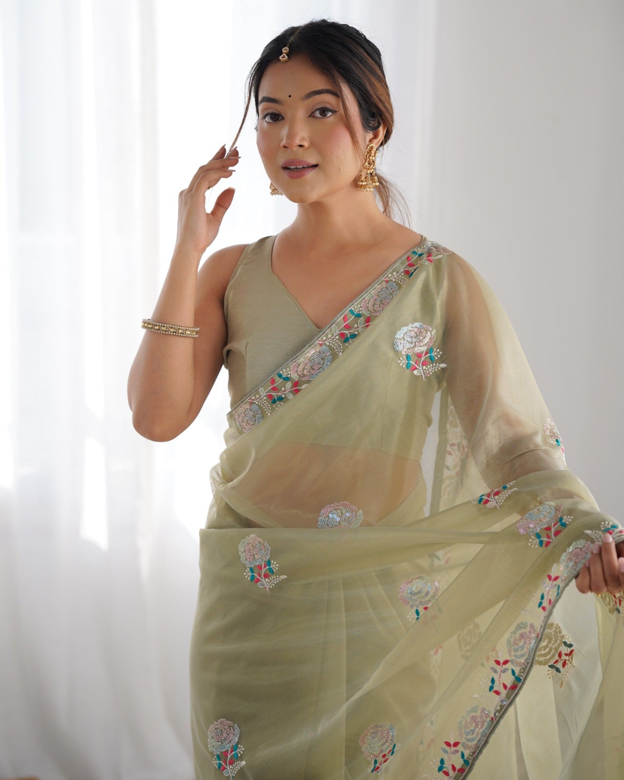 Women's Net Sequence Embroidery Work Saree