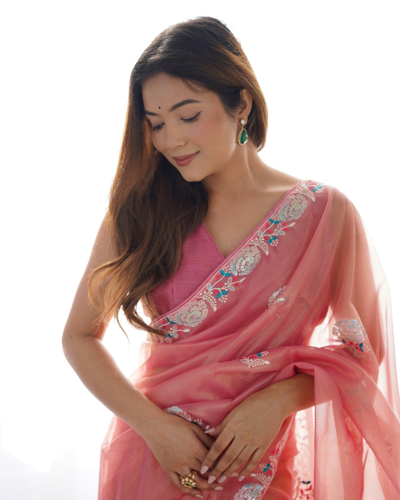 Women's Net Sequence Embroidery Work Saree