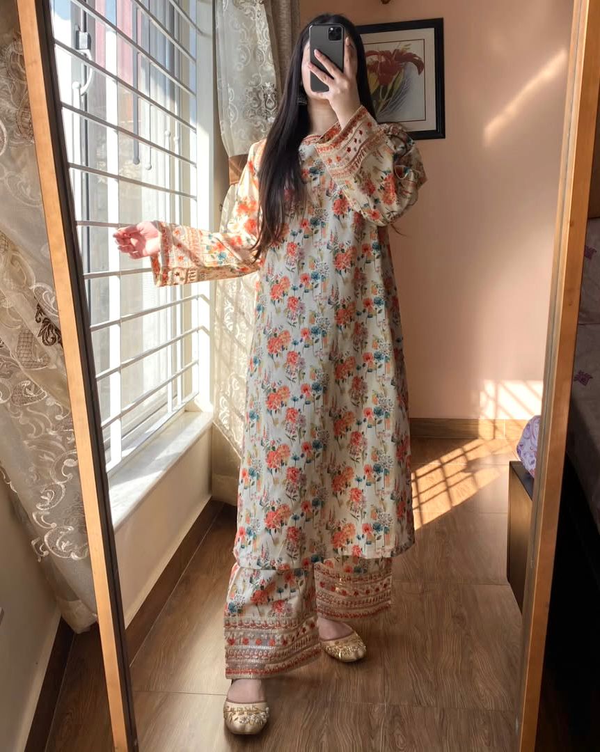 Stylish Embroidered Roman Silk Co-ords Set