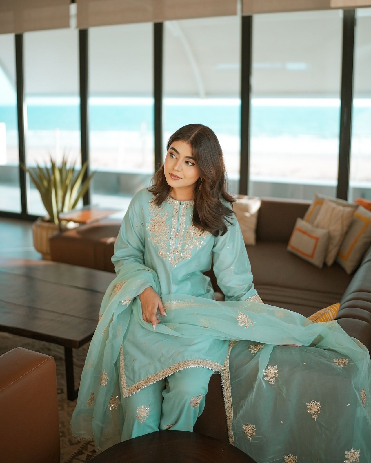 Sky Blue Color Chinnon Silk Salwar Suit