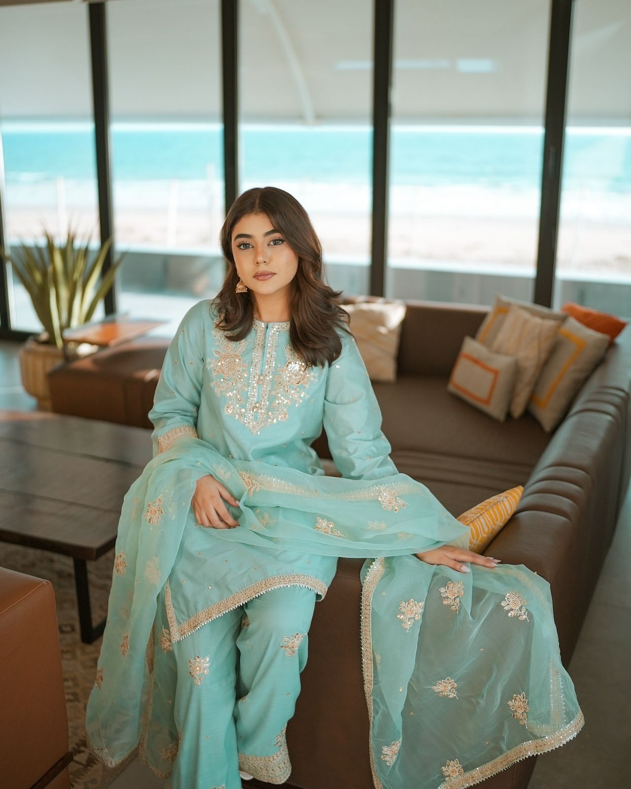 Sky Blue Color Chinnon Silk Salwar Suit