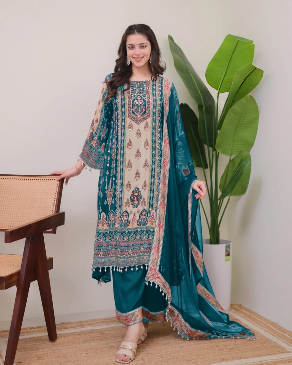 Women Fancy Floral Printed Sequinned Straight Kurta