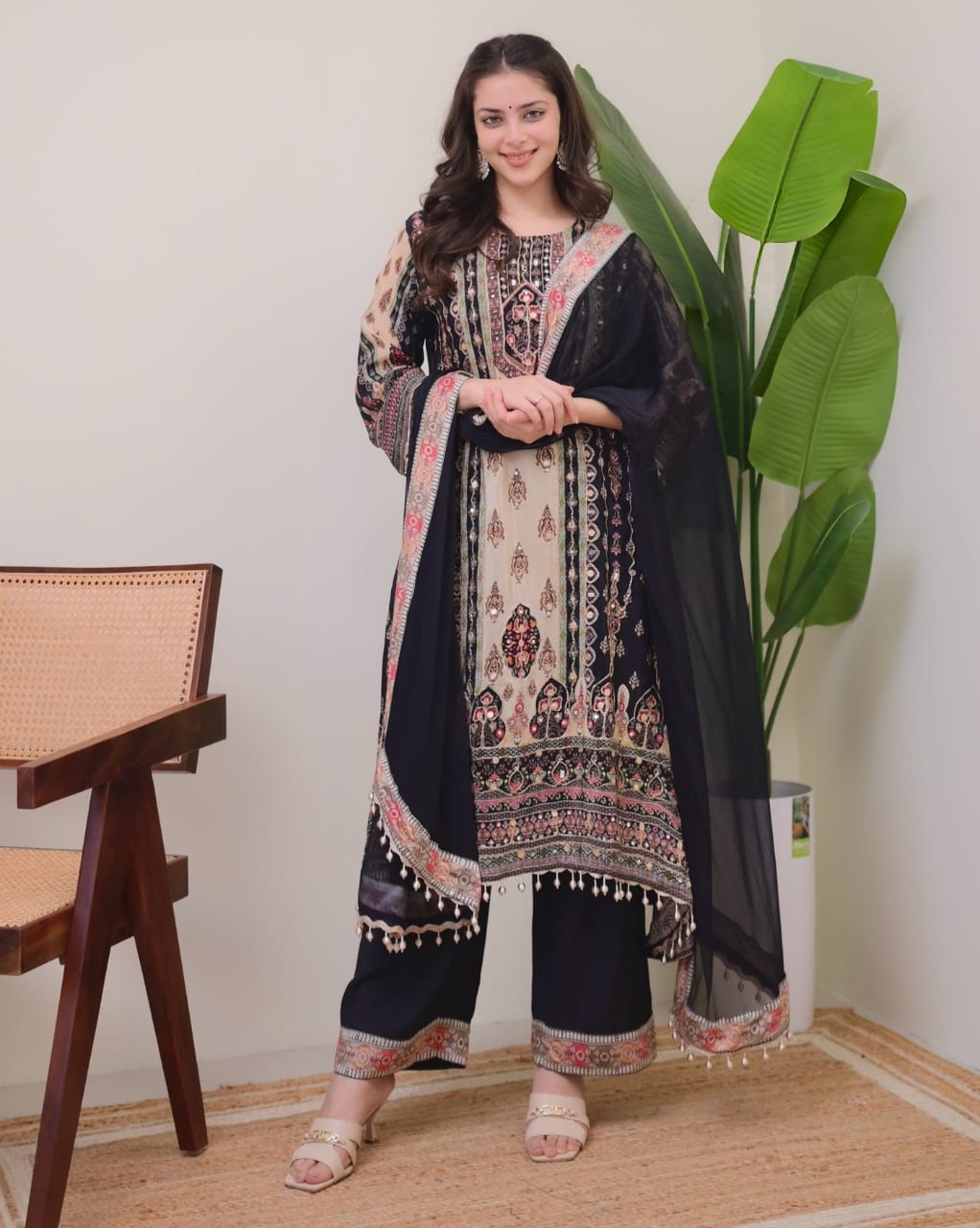 Women Fancy Floral Printed Sequinned Straight Kurta