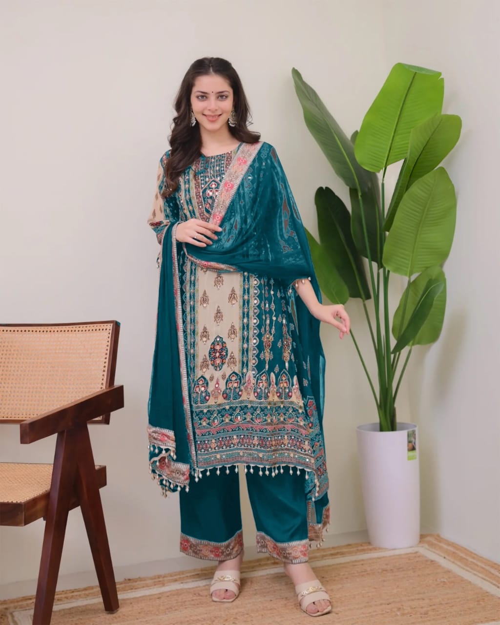 Women Fancy Floral Printed Sequinned Straight Kurta