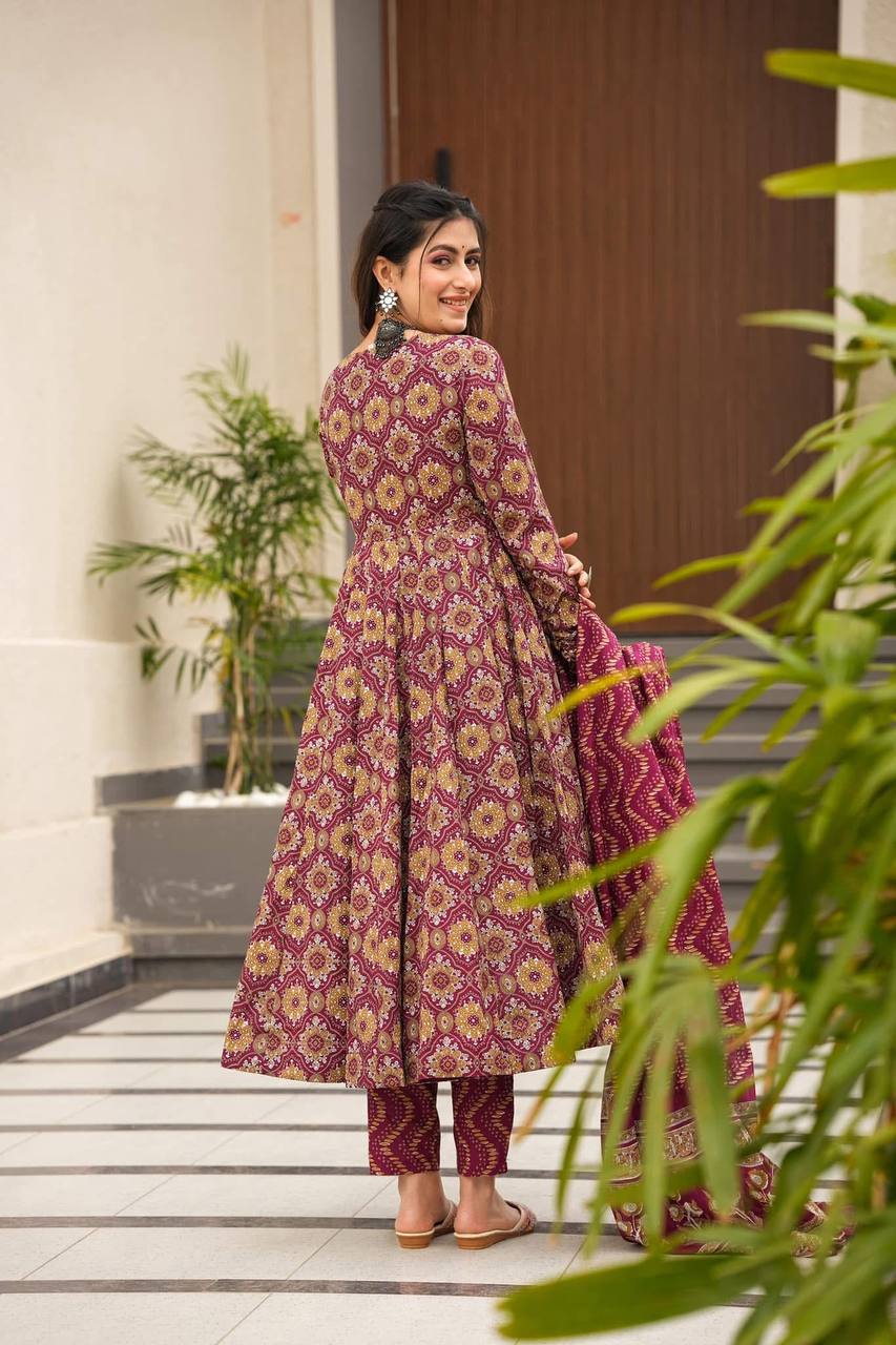 Women's Rayon Digital Printed Angrakha Kurta Pant With Dupatta Set