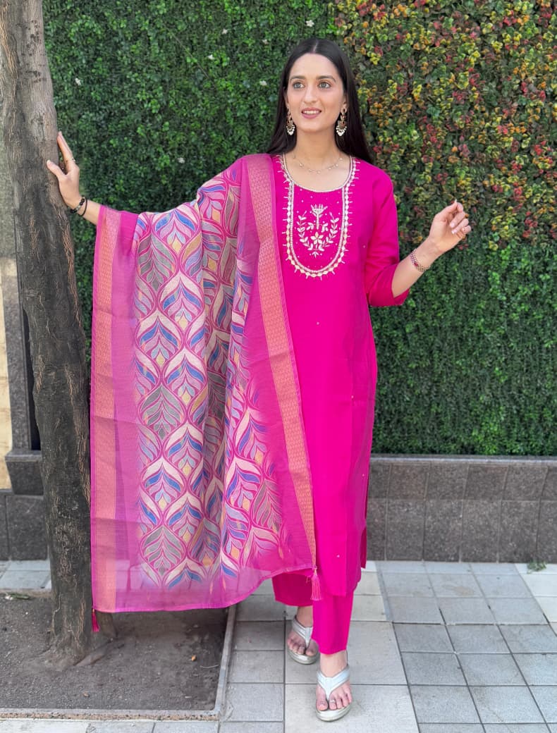 Traditional Pink Roman Silk Pant Suit Set