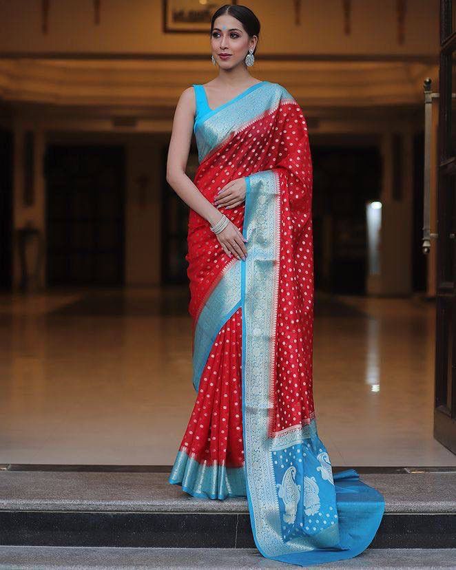 Red Color Latest Design Soft Banarasi Silk Saree with Golden Zari Work