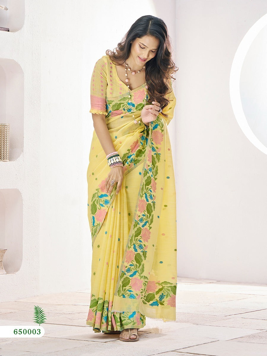Linen Silk Blend Saree With Unstitched Blouse Piece