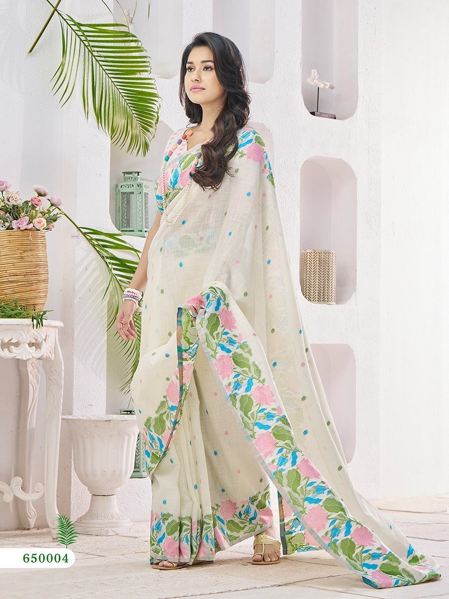 Linen Silk Blend Saree With Unstitched Blouse Piece