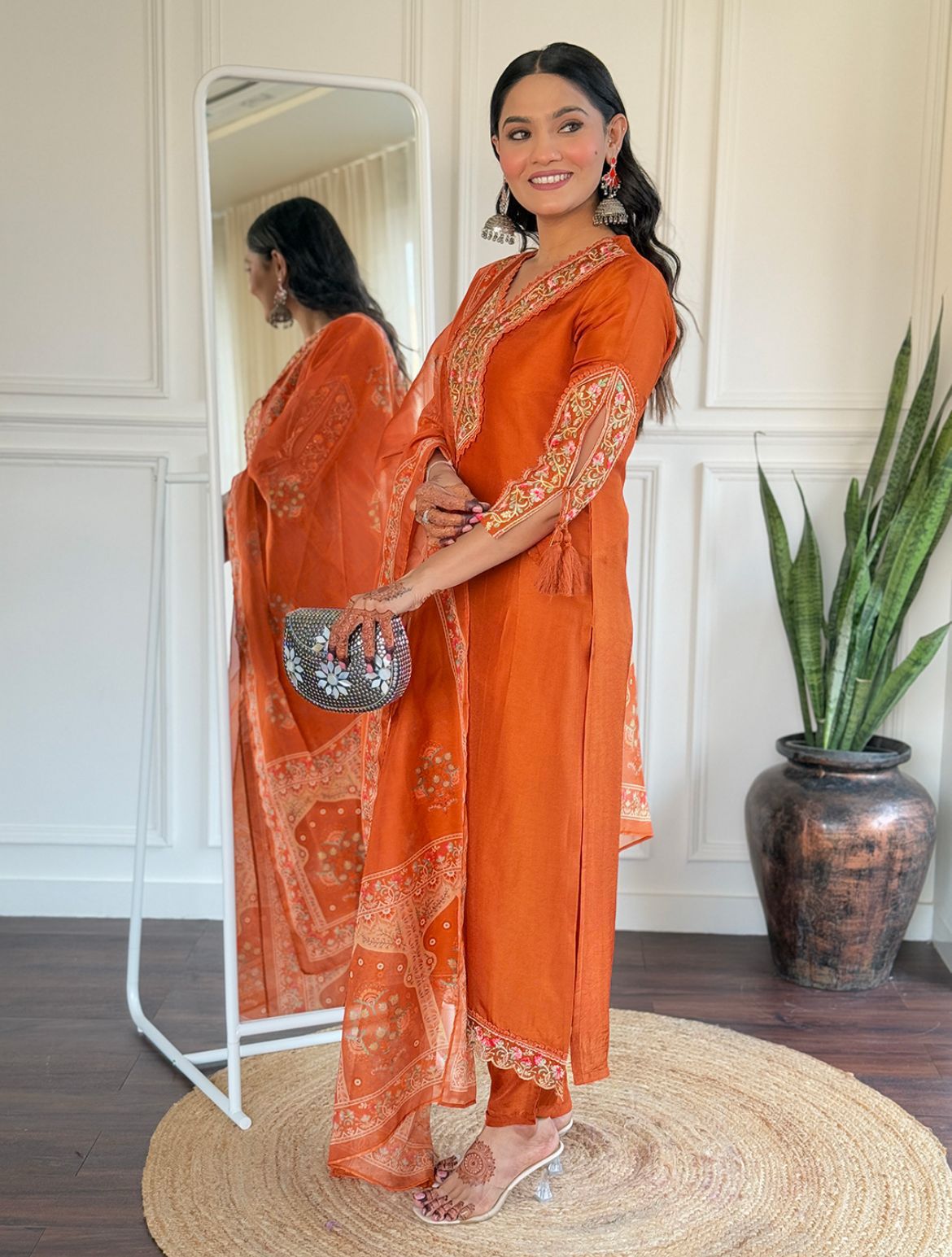 Women Embroidered Straight Kurta with Pants & Dupatta