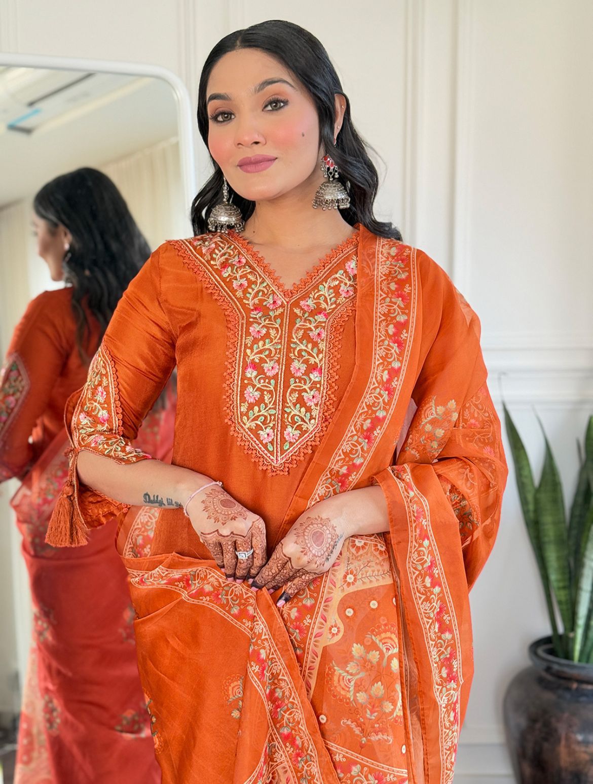 Women Embroidered Straight Kurta with Pants & Dupatta