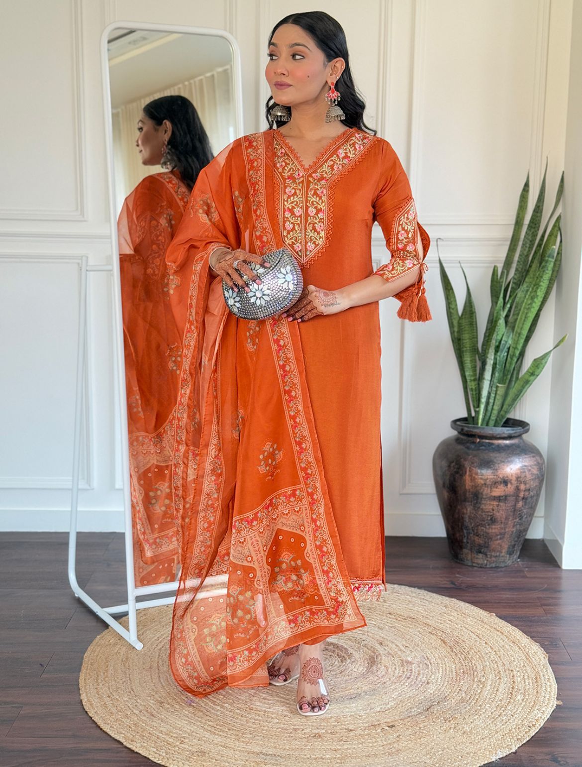 Women Embroidered Straight Kurta with Pants & Dupatta