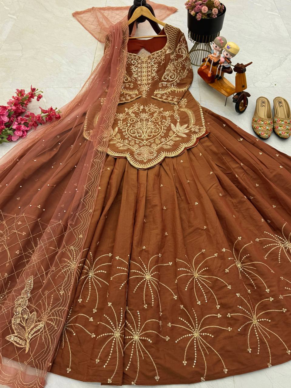Stunning Brown Simmer Silk Top Lehenga With Dupatta