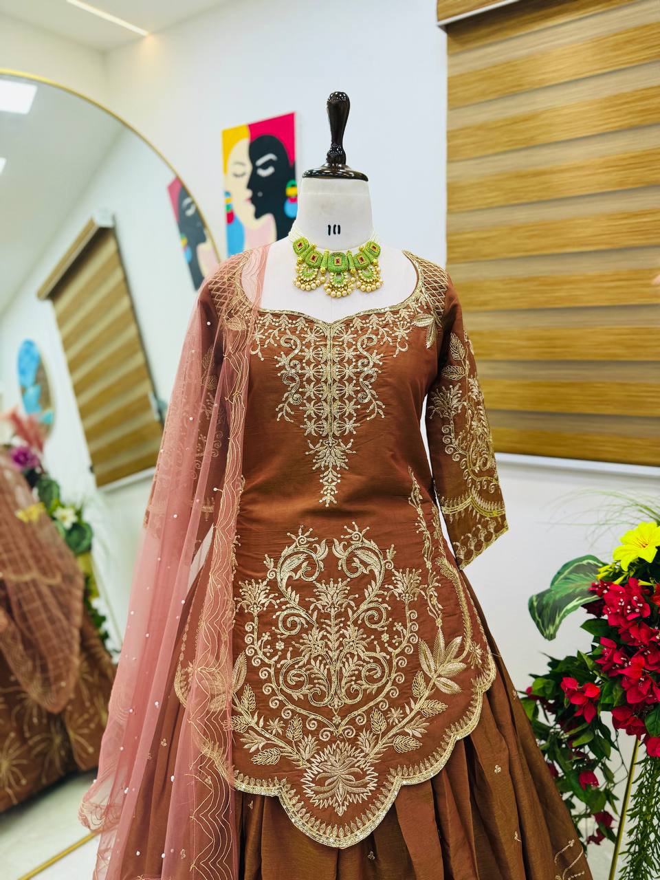 Stunning Brown Simmer Silk Top Lehenga With Dupatta